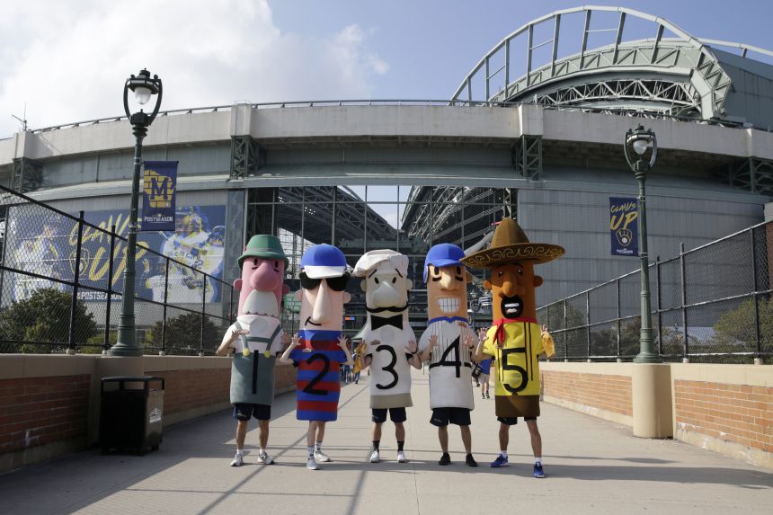 The racing sausages outside American Family Field in 2021. From left, Bratwurst, Polish Sausage, Italian Sausage, Hot Dog and Chorizo.