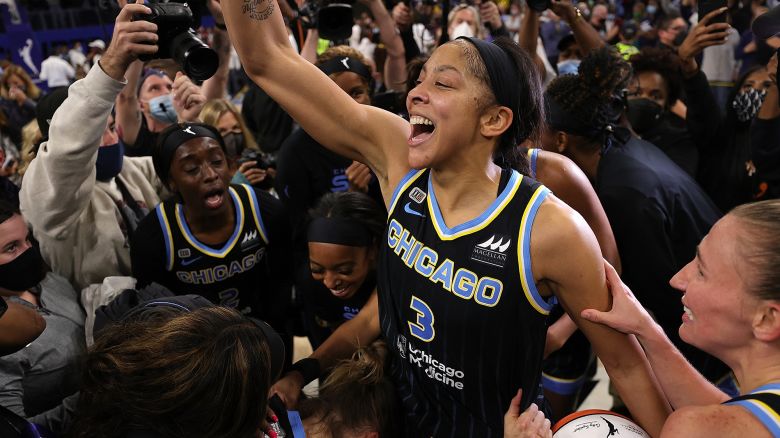 CHICAGO, ILLINOIS - OCTOBER 17: Candace Parker #3 of the Chicago Sky celebrates after defeating the Phoenix Mercury 80-74 in Game Four of the WNBA Finals to win the championship at Wintrust Arena on October 17, 2021 in Chicago, Illinois.  NOTE TO USER: User expressly acknowledges and agrees that, by downloading and or using this photograph, User is consenting to the terms and conditions of the Getty Images License Agreement. (Photo by Stacy Revere/Getty Images)