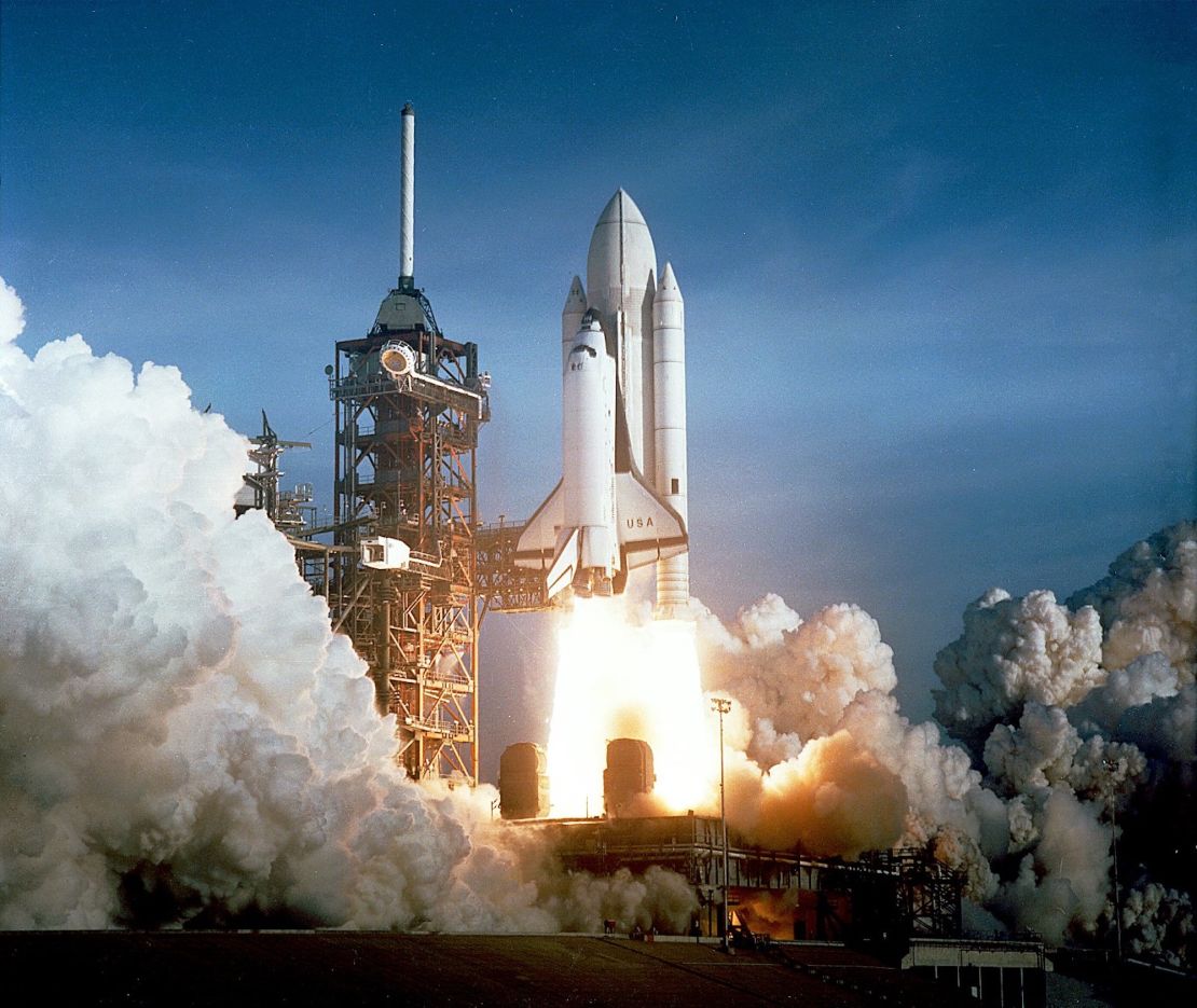 Space Shuttle Columbia lifts off from NASA's Kennedy Space Center in Florida on April 12, 1981, marking the first flight of the US Space Shuttle Program.