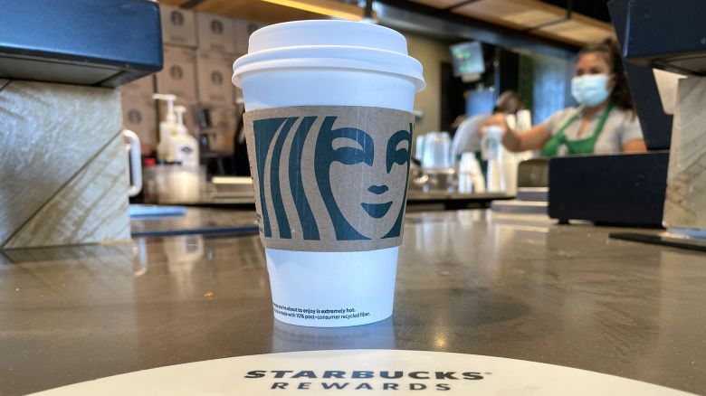 The Starbucks logo is displayed on a cup at a Starbucks store on October 29, 2021 in Marin City, California.