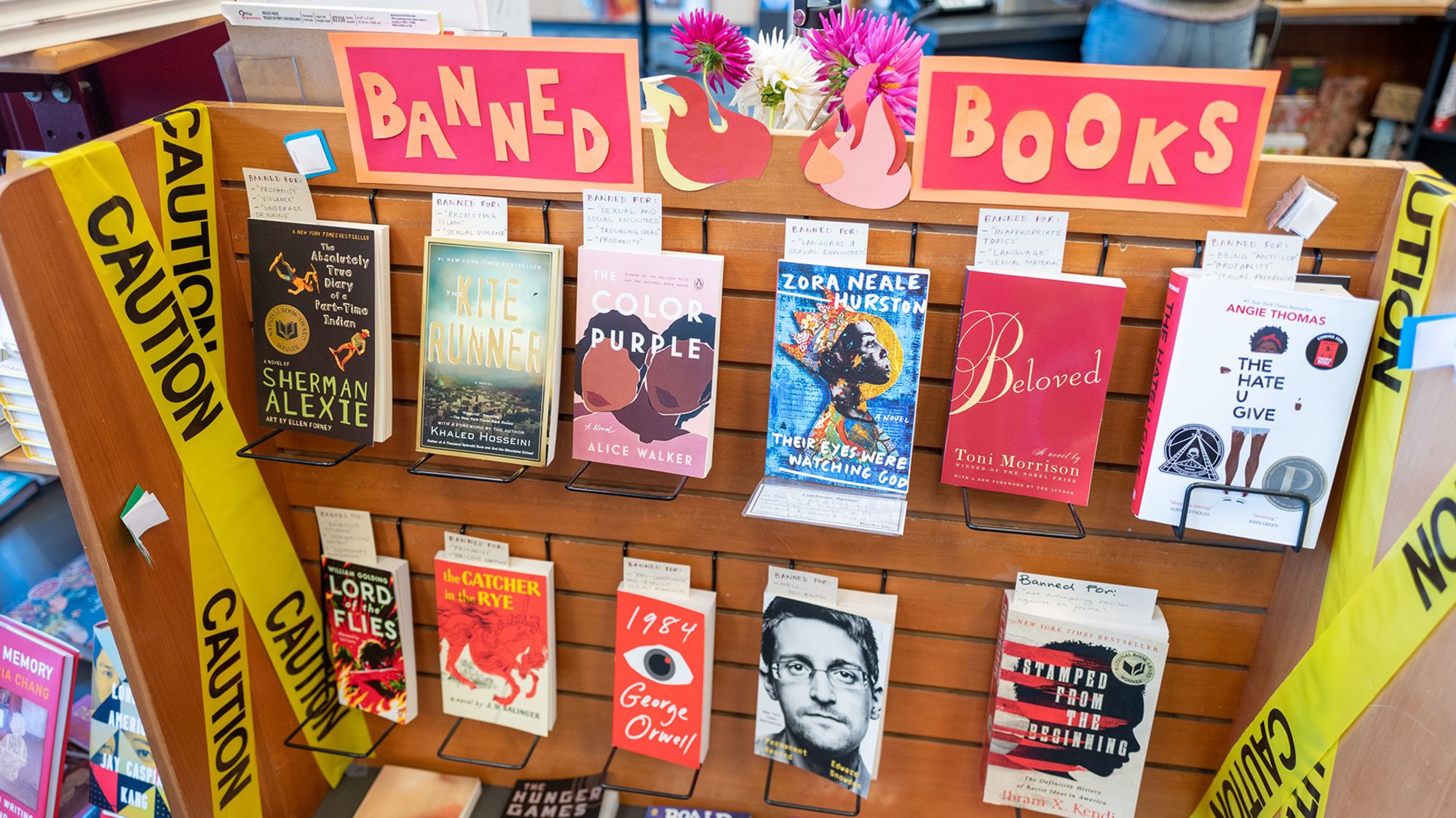 Display of banned books or censored books at Books Inc independent bookstore in Alameda, California, October 16, 2021.