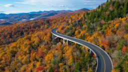 The road through the Blue Ridge Parkway in North Carolina. Fall colored trees.