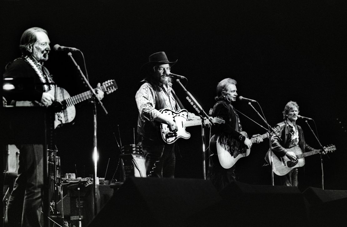 The Highwaymen performing on stage, LR Willie Nelson, Waylon Jennings, Johnny Cash and Kris Kristofferson in 1992.