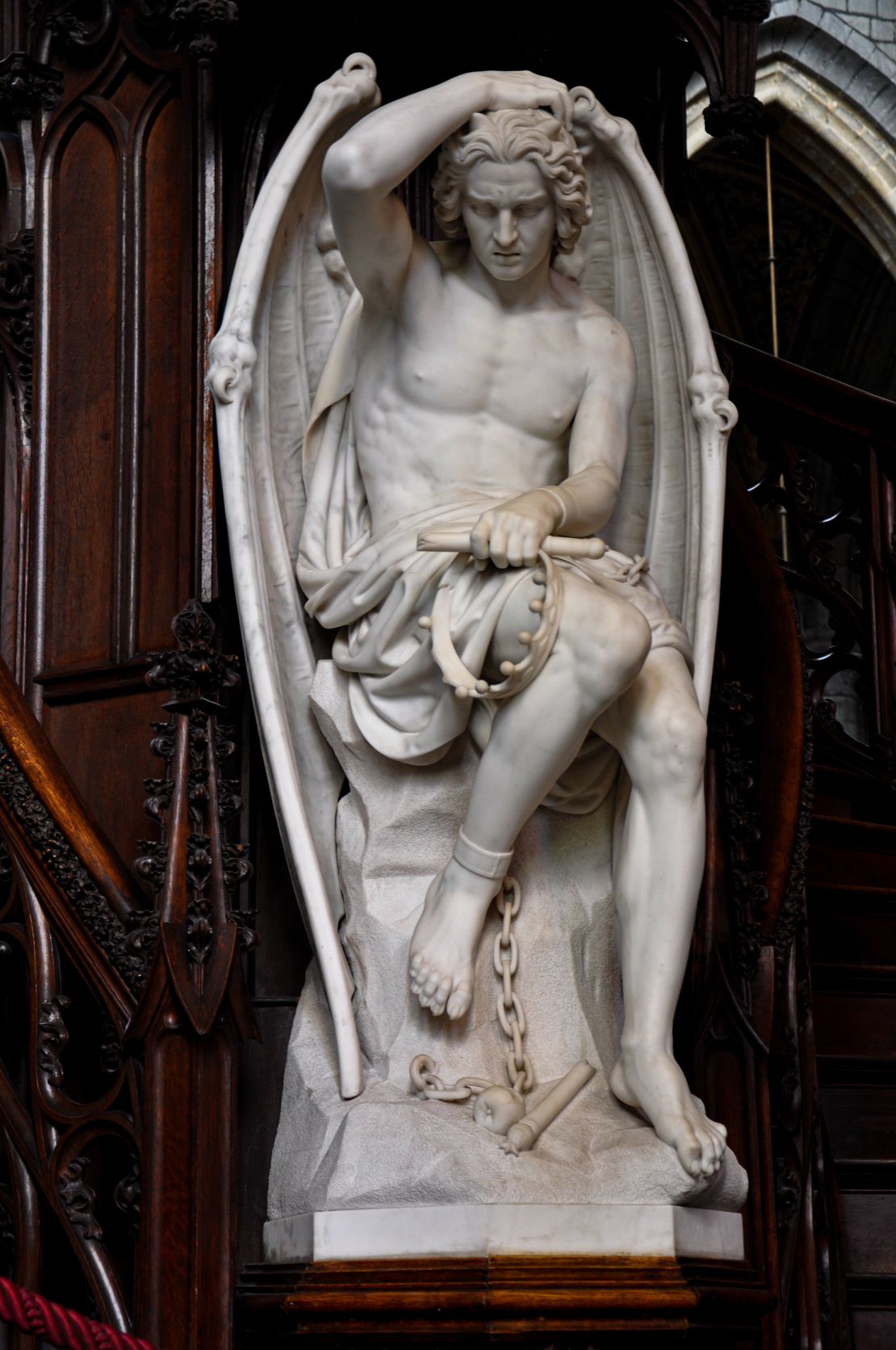 "Le génie du mal," the second statue of Lucifer created for St. Paul’s Cathedral in Liège, Belgium. The statue was supposed to be a less sexualized improvement on a prior work.