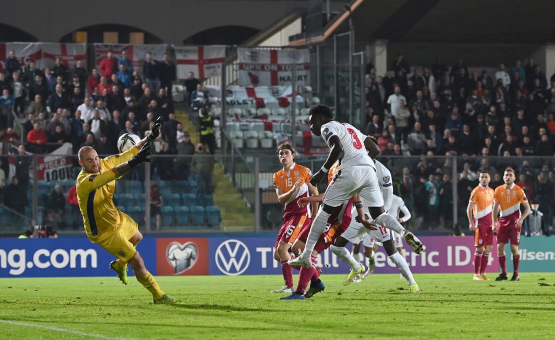 Bukayo Saka scores England's 10th goal during the 2022 FIFA World Cup qualifier against San Marino.