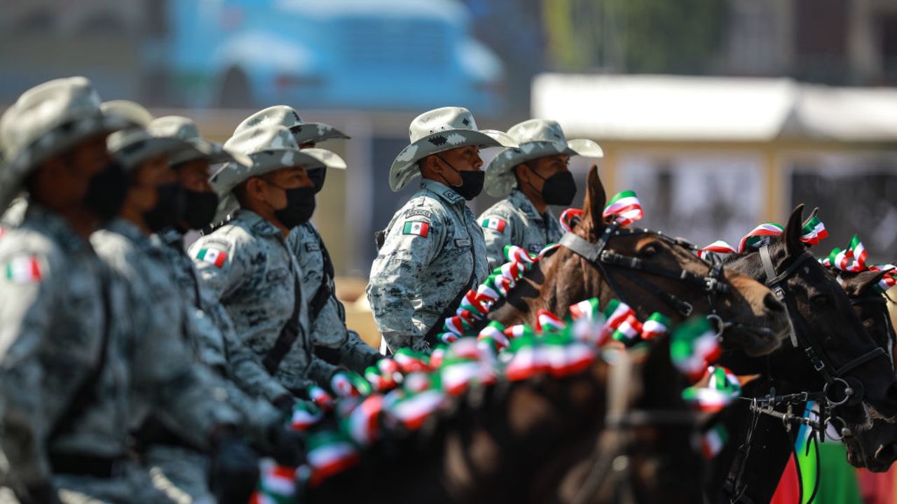 MEXICO CITY, MEXICO - NOVEMBER 20: Guardia Nacional, policemen, take part during a parade to celebrate the 111th anniversary of the Mexican Revolution at Zocalo on November 20, 2021 in Mexico City, Mexico. (Photo by Manuel Velasquez/Getty Images)