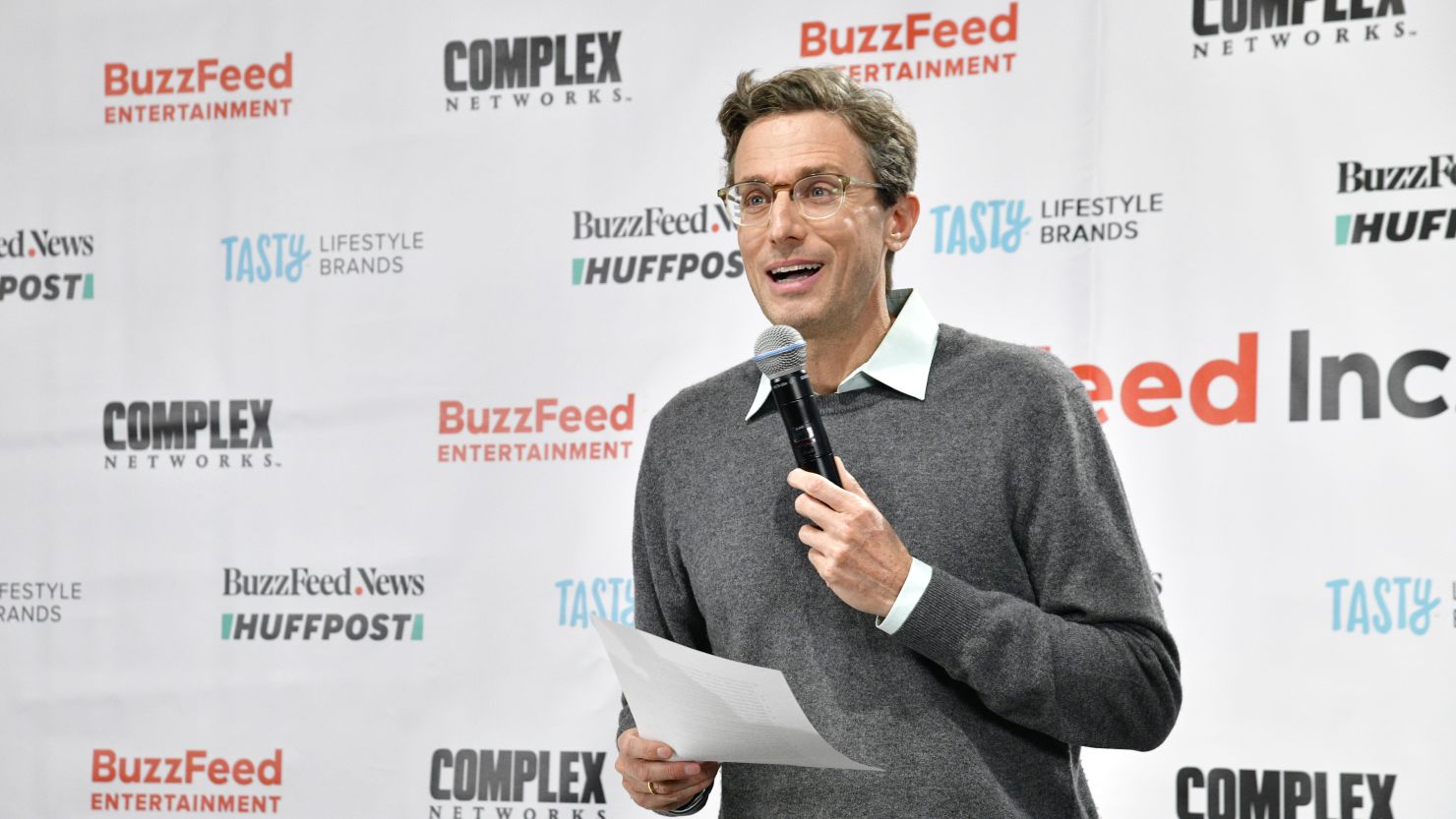 Founder and CEO of BuzzFeed Jonah H. Peretti speaks in front of his team celebrating BuzzFeed Inc.'s Listing Day at BuzzFeed NYC office on December 06, 2021 in New York City.