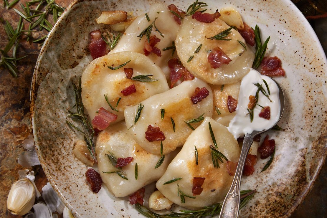 A classic plate of pierogies. Bacon bits and sour cream are key.