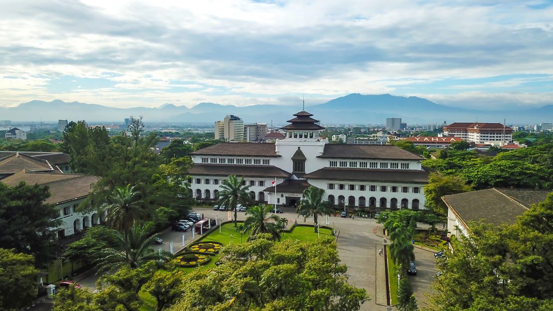 An aerial view of Gedung Sate, a historic building in Bandung.