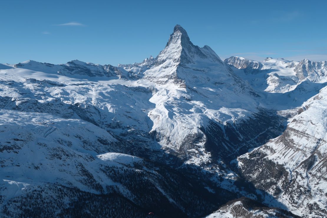 Matterhorn mountain looms above Zermatt, Switzerland.