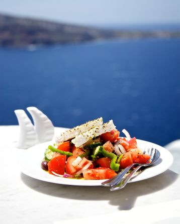 <strong>Horiatiki (Greece): </strong>The<strong> </strong>wildly popular Greek salad is made with ripe tomatoes red onions, green peppers, crisp cucumbers, Kalamata olives, oregano, extra virgin olive oil (ideally Greek), salt and a wedge of feta cheese.
