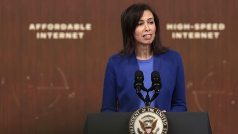 Federal Communications Commission Chairwoman Jessica Rosenworcel delivers remarks on the Biden administration’s Affordable Connectivity Program at the South Court Auditorium at Eisenhower Executive Office Building on February 14, 2022 in Washington, DC.