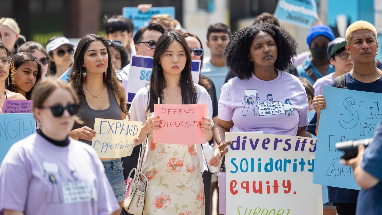 Students and others gather at Harvard University's Science Center Plaza to rally in support of Affirmative Action after the Supreme Court ruling on July 1, 2023 in Cambridge, Massachusetts.