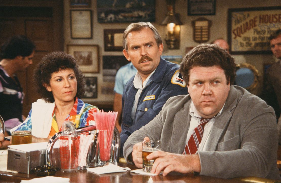 (From left) Rhea Perlman, John Ratzenberger and George Wendt in 'Cheers.'