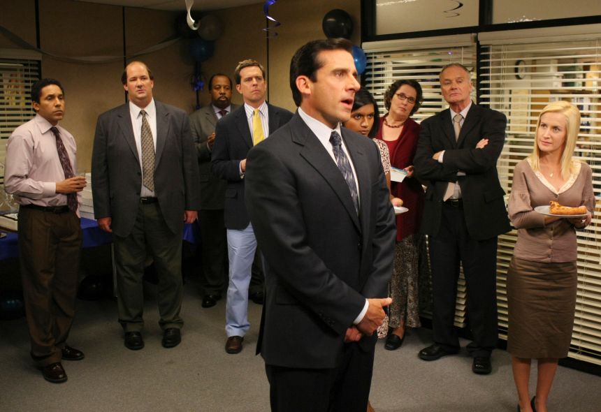 Oscar Nunez as Oscar Martinez, Brian Baumgartner as Kevin Malone, Leslie David Baker as Stanley Hudson, Ed Helms as Andy Bernard, Steve Carell as Michael Scott, Mindy Kaling as Kelly Kapoor, Phyllis Smith as Phyllis Lapin, Creed Bratton as Creed Bratton, and Angela Kinsey as Angela Martin