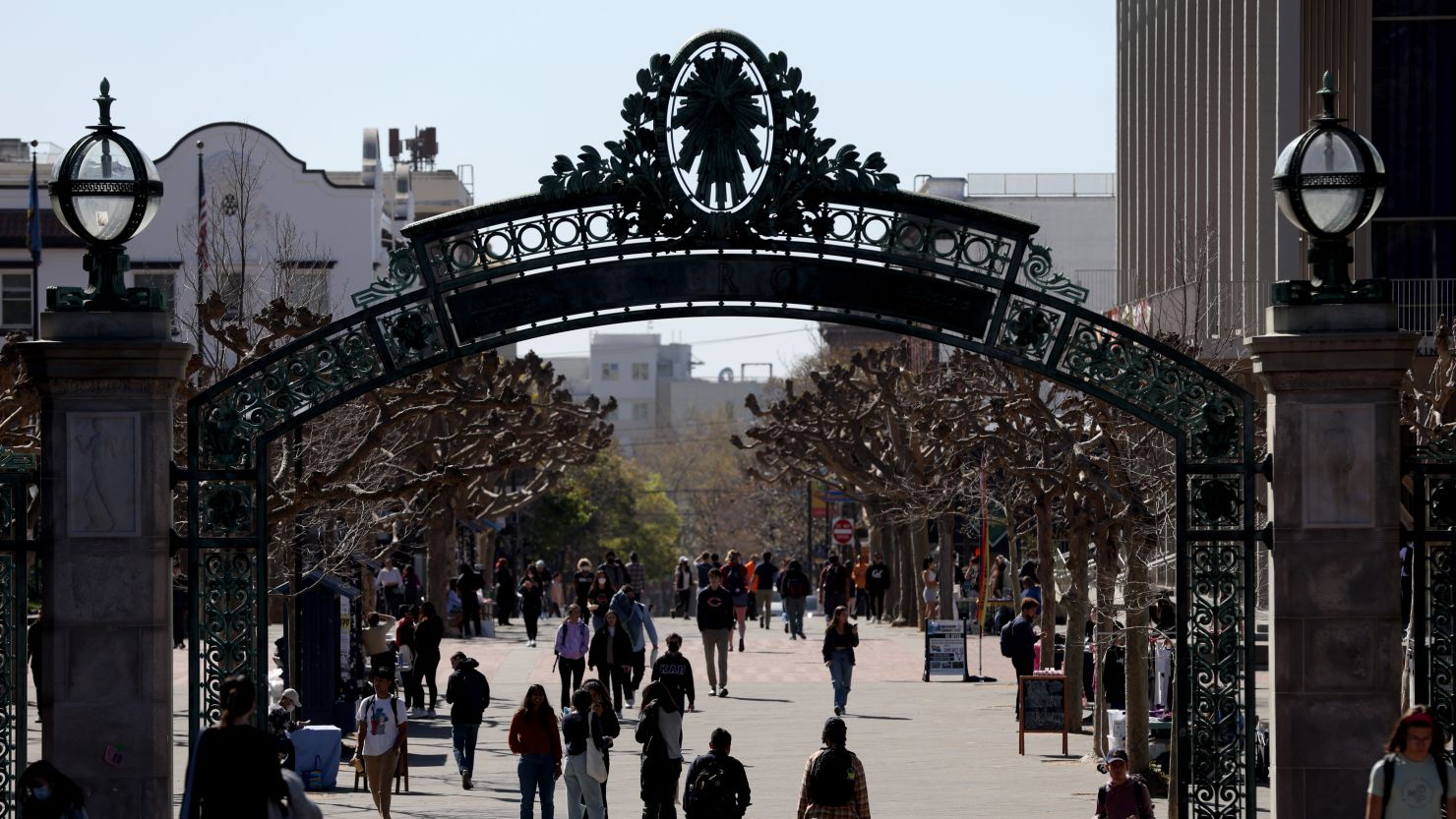 People walk through Sproul Plaza on the UC Berkeley campus on March 14, 2022 in Berkeley, California.