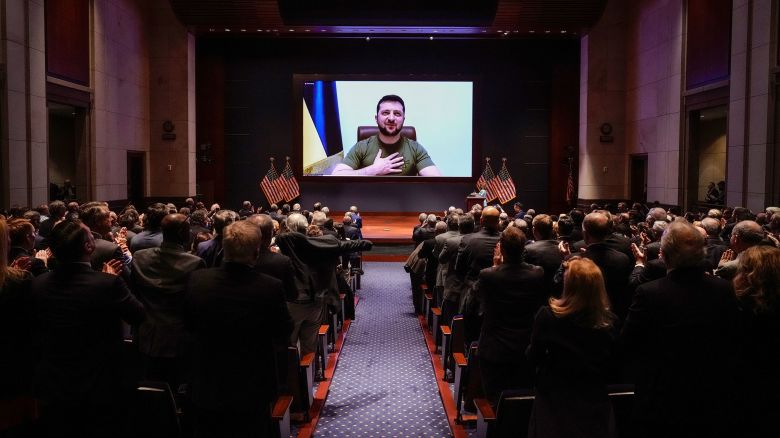 Ukrainian President Volodymyr Zelensky delivers a virtual address to the USCongress, at the US Capitol on March 16, 2022. During the address, Zelensky expressed his gratitude toward the US for its support in the war against Russia.