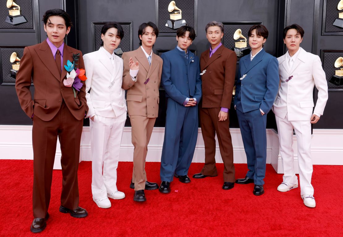 K-pop group BTS attend the Grammy Awards in Las Vegas, in April 2022. The stars performed their hit song "Butter," at the event.