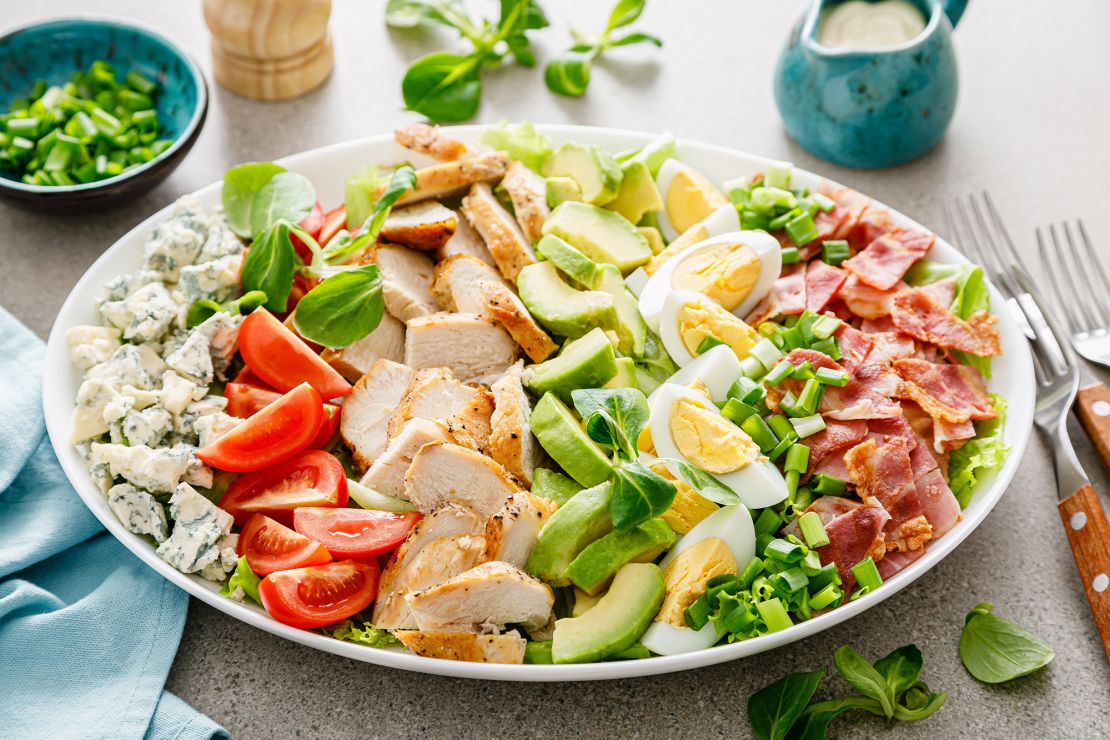 Cobb salad is heavy on protein-rich ingredients like eggs and bacon.