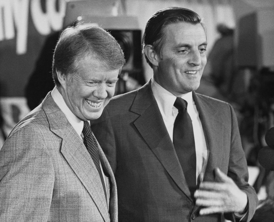 President-elect Jimmy Carter and Vice President-elect Walter Mondale attend a post-election press conference in Plains, Georgia, on November 4, 1976.