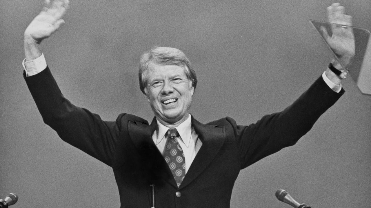 American politician Jimmy Carter smiles and waves to the auditorium at the close of the 1976 Democratic National Convention, where Carter was confirmed as the Democratic Party's presidential candidate, held at Madison Square Garden in New York City, New York, 15th July 1976, Later that year, the former Governor of Georgia won the 1976 United States presidential election. (Photo by Archive Photos/Hulton Archive/Getty Images)