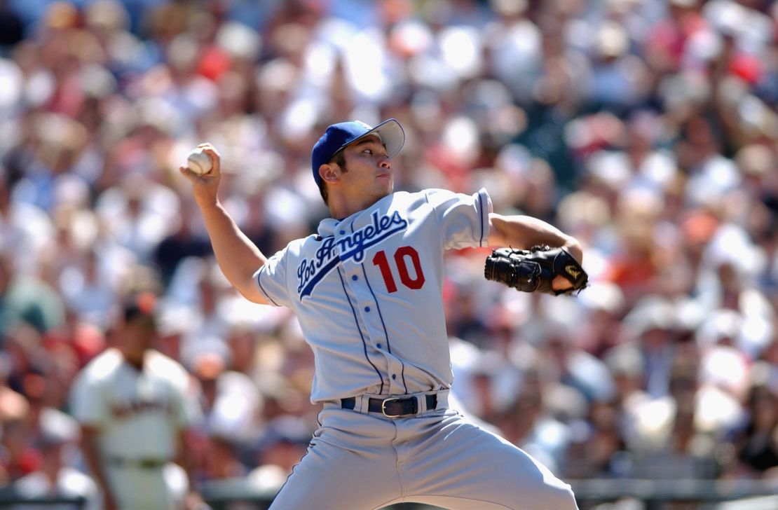 SAN FRANCISCO, CA - SEPTEMBER 11: Hideo Nomo #10 of the Los Angeles Dodgers winds back to pitch during the game against the San Francisco Giants at Pacific Bell Park on September 11, 2002 in San Francisco, California. The Dogers would win 7-2. (Photo by Harry How/Getty Images)