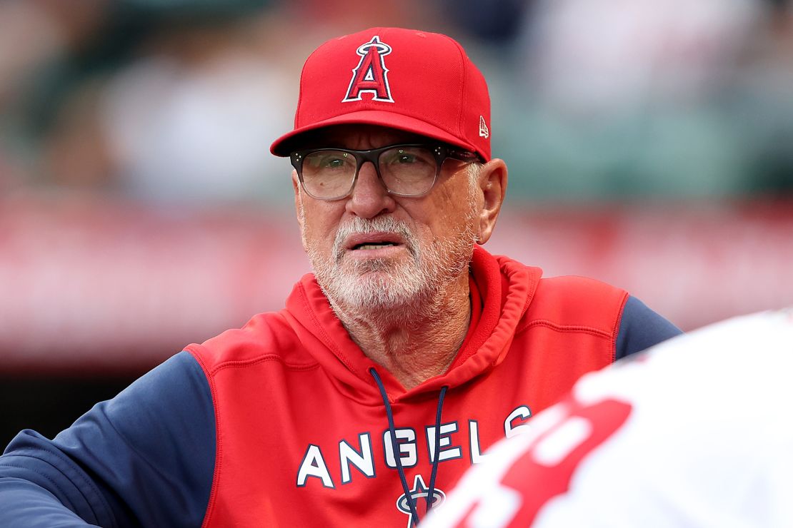 Joe Maddon, when he was manager of the Los Angeles Angels, looks on during a game against the Cleveland Guardians at Angel Stadium on April 25, 2022.