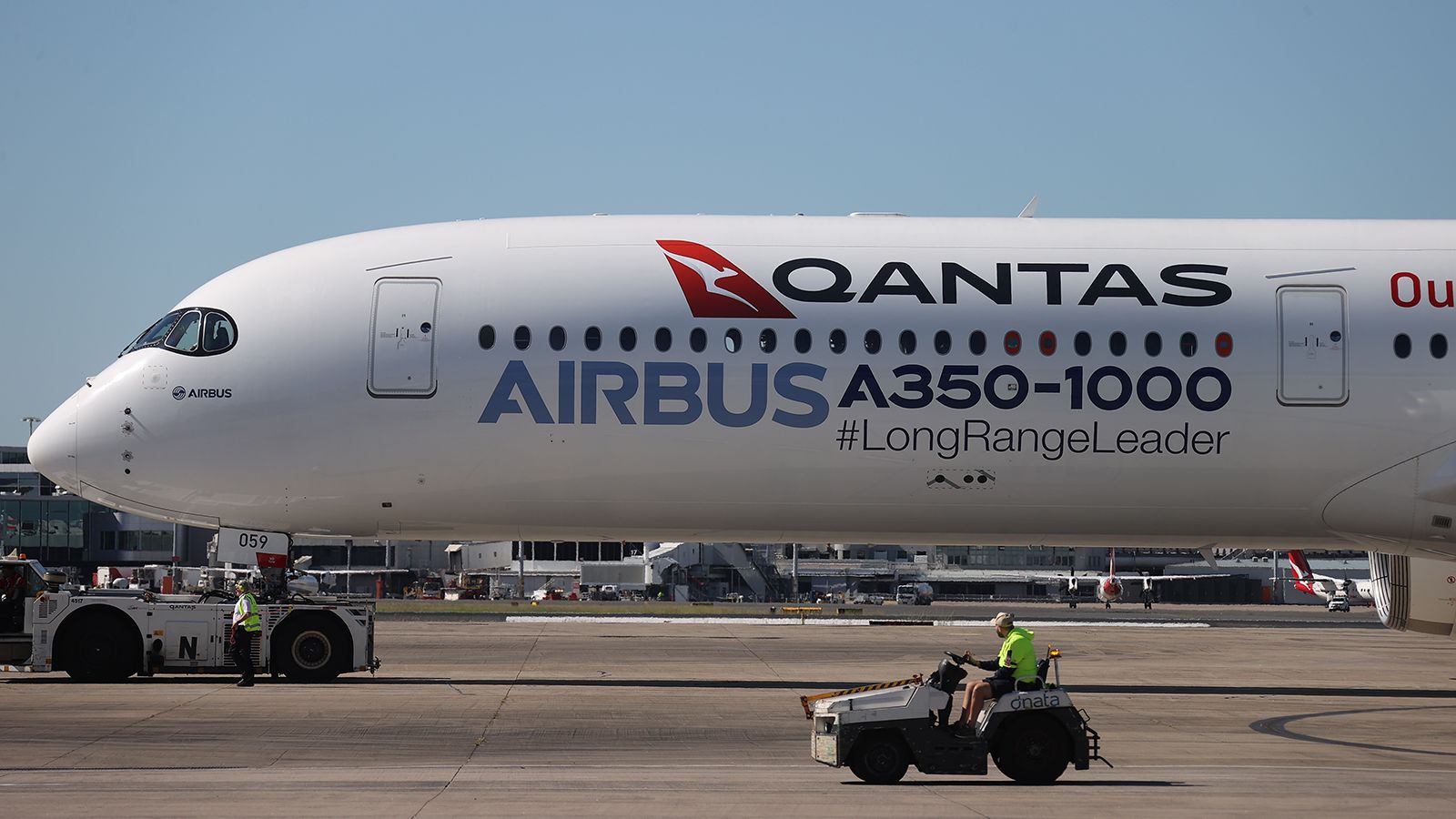 An Airbus A350-1000 flight test aircraft prepares to depart Sydney Airport on May 4, 2022.