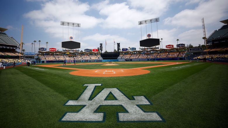 The Los Angeles Dodgers logo on the field before game one of a doubleheader against the Arizona Diamondbacks at Dodger Stadium on May 17, 2022 in Los Angeles, California.
