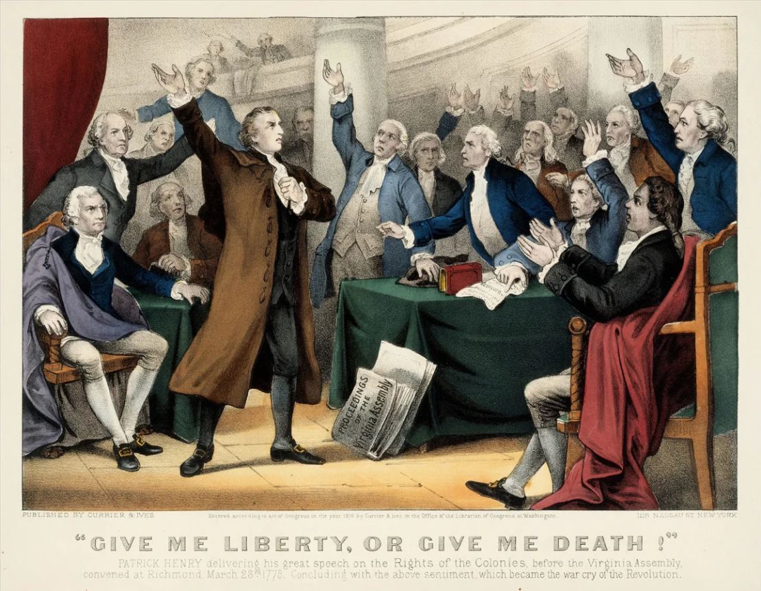 Patrick Henry pronunciando su famoso discurso sobre los Derechos de las Colonias, ante la Asamblea de Virginia, reunida en Richmond, el 23 de marzo de 1775.