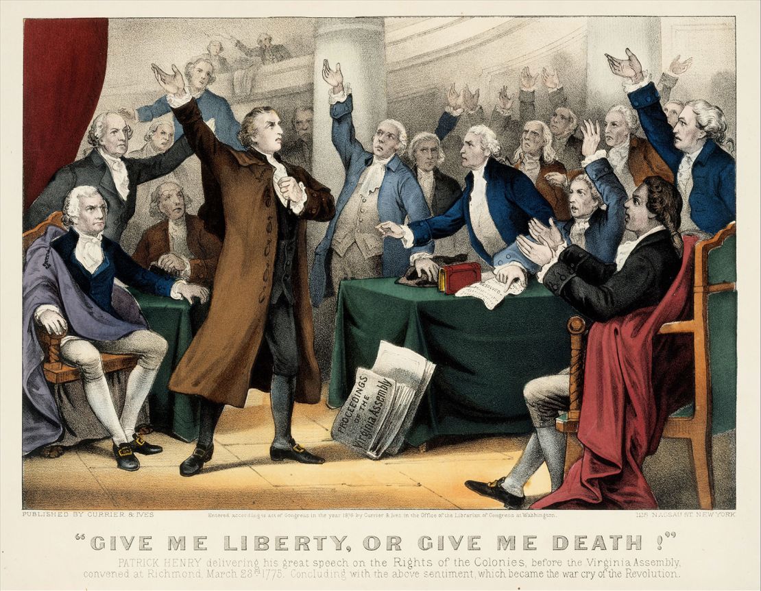 Patrick Henry delivering his famous speech on the Rights of the Colonies, before the Virginia Assembly, convened at Richmond, March 23, 1775.