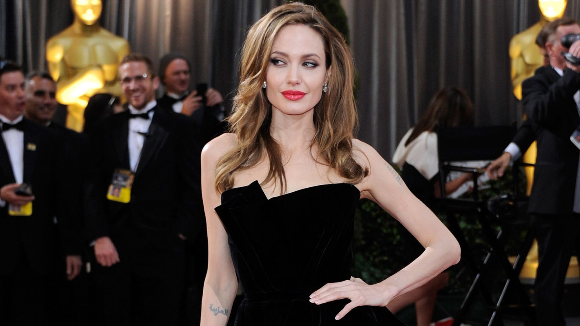 Angelina Jolie in Versace at the 84th Annual Academy Awards in February 2012.
