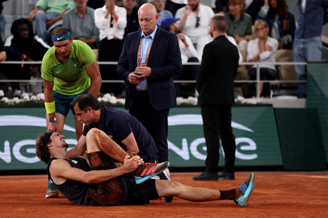 Nadal checks on Zverev during the 2022 French Open.