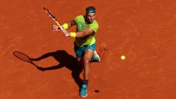 PARIS, FRANCE - JUNE 05: Rafael Nadal of Spain plays a forehand against Casper Ruud of Norway during the Men's Singles Final match on Day 15 of The 2022 French Open at Roland Garros on June 05, 2022 in Paris, France. (Photo by Clive Brunskill/Getty Images)