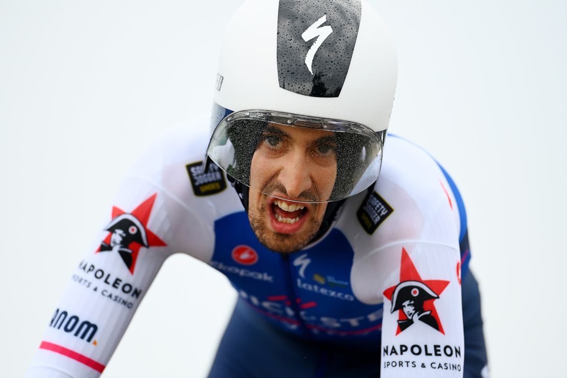 Italian rider Mattia Cattaneo wears a "head sock" during the Tour de France in July 2022.