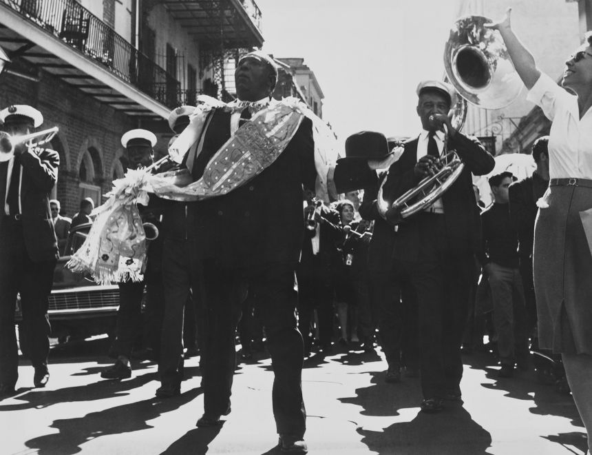 The Eureka Brass Band performing during the Sunday Jazz parade in the French Quarter, circa 1960.