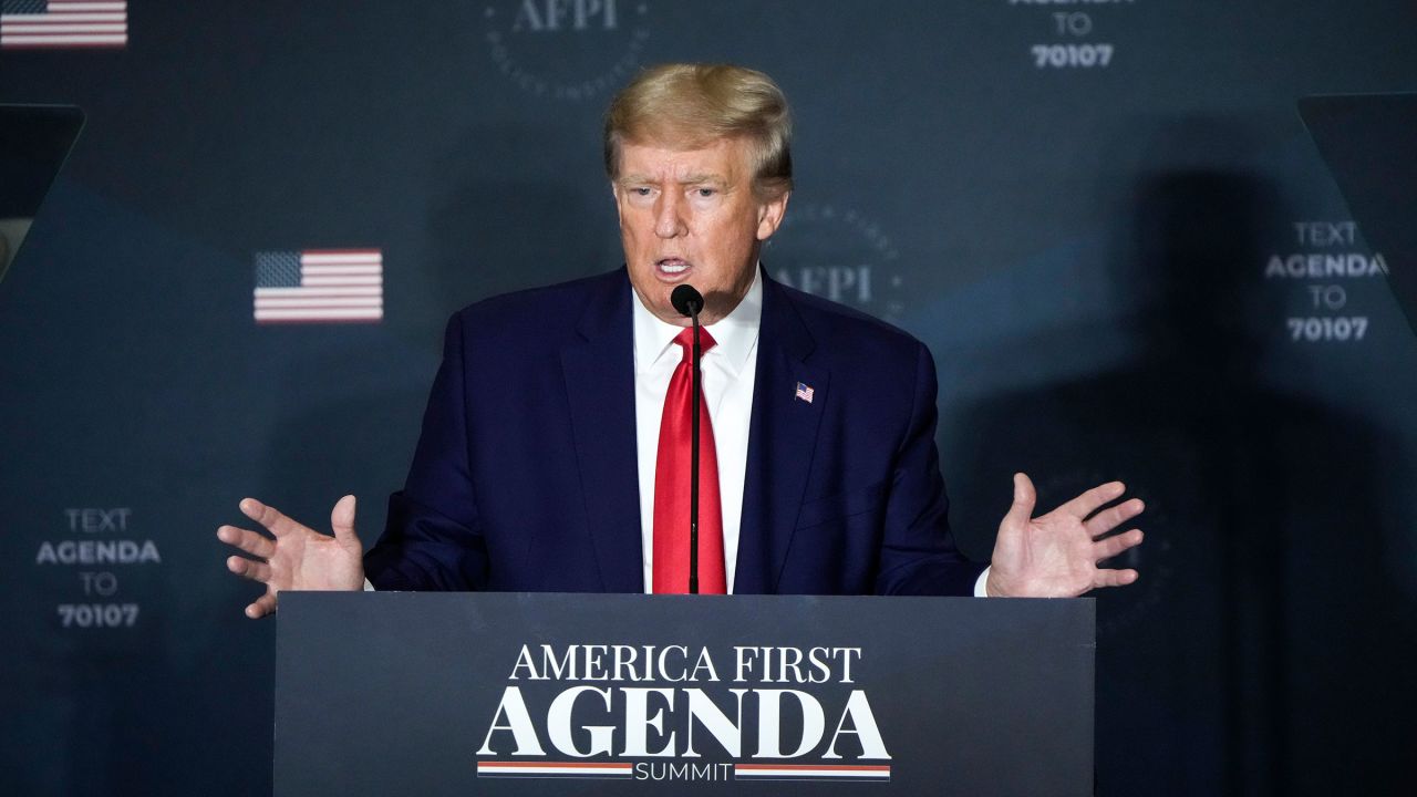 In this July 2022 photo, former President Donald Trump speaks during the America First Agenda Summit in Washington, DC.