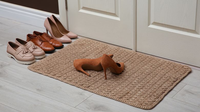 Stylish shoes and door mat in hall