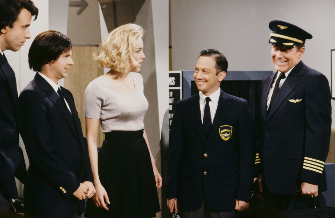Kevin Nealon, Dana Carvey, Sharon Stone, Rob Schneider and Phil Hartman during "Airport Security Check" skit on April 11, 1992.