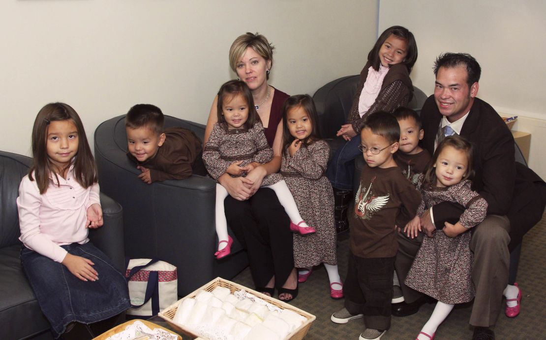 Kate Gosselin and then-husband Jon Gosselin with their twin daughters and sextuplets on NBC News' "Today" show in 2007.