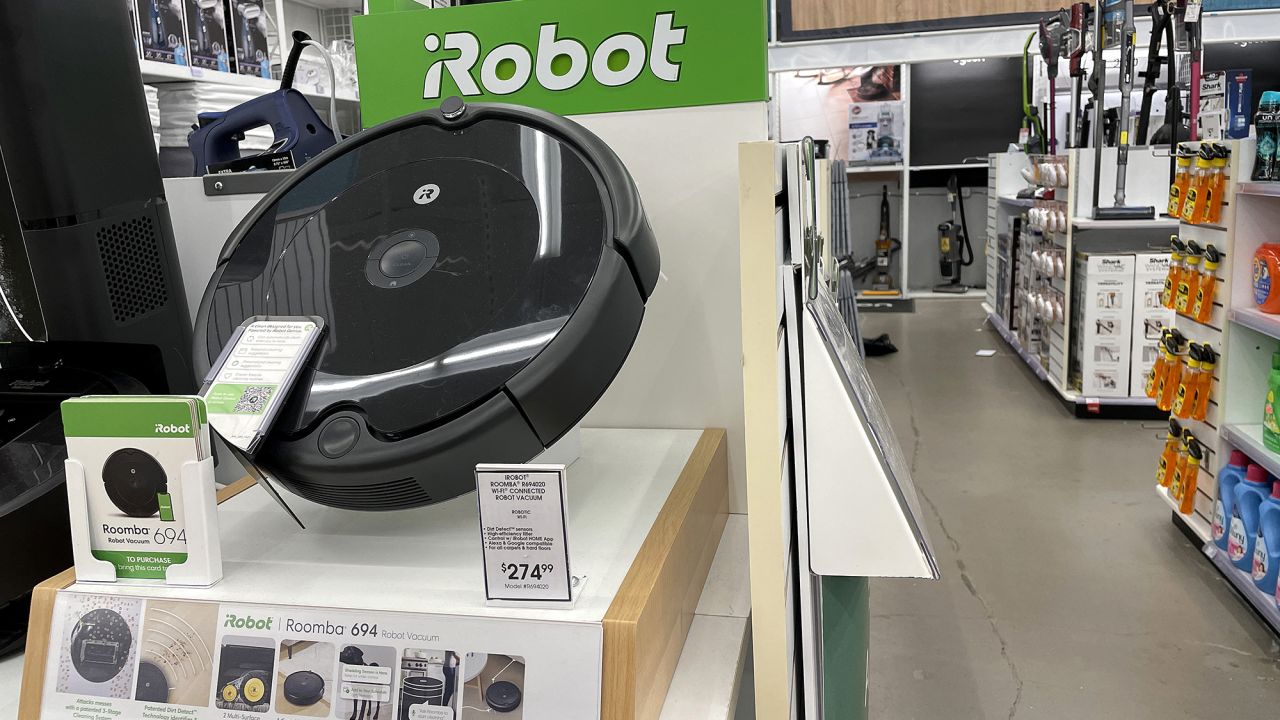 Roomba robot vacuums made by iRobot are displayed on a shelf at a Bed Bath and Beyond store on August 05, 2022 in Larkspur, California.