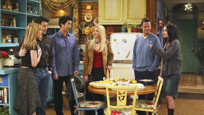 FRIENDS -- "The One with Rachel's Going Away Party" -- Episode 16 -- Aired 4/29/2004 -- Pictured: (l-r) Matt LeBlanc as Joey Tribbiani, Jennifer Aniston as Rachel Green, Lisa Kudrow as Phoebe Buffay-Hannigan, David Schwimmer as Dr. Ross Geller, Matthew Perry as Chandler Bing, Courteney Cox as Monica Geller-Bing -- Photo by: NBCU Photo Bank