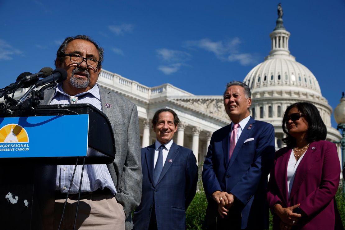 Rep. Raúl Grijalva and fellow members of the House Progressive Caucus hold a news conference outside the US Capitol on August 12, 2022.