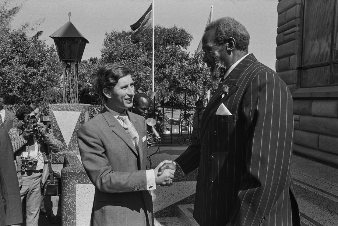 Charles shaking hands with Kenyan president Jomo Kenyatta at his country home at Gatundi, near Nairobi, Kenya in 1971.