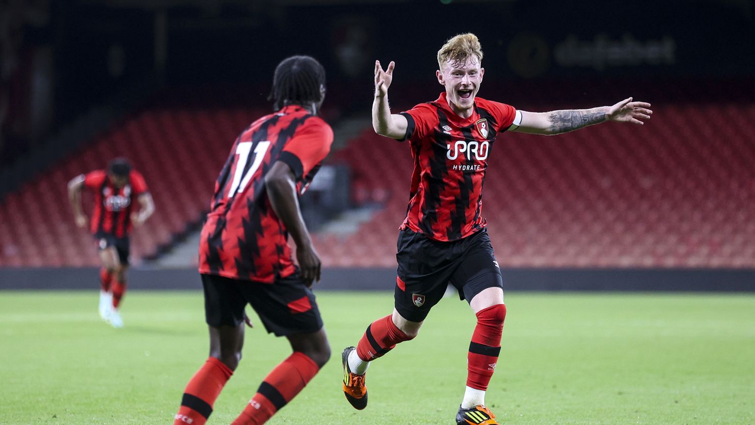 Ben Greenwood celebrates after scoring for Bournemouth's development squad in a Premier League Cup match against Derby County under 23s in 2022. Greenwood was the first user of the aiScout app to get a trial with a professional club.