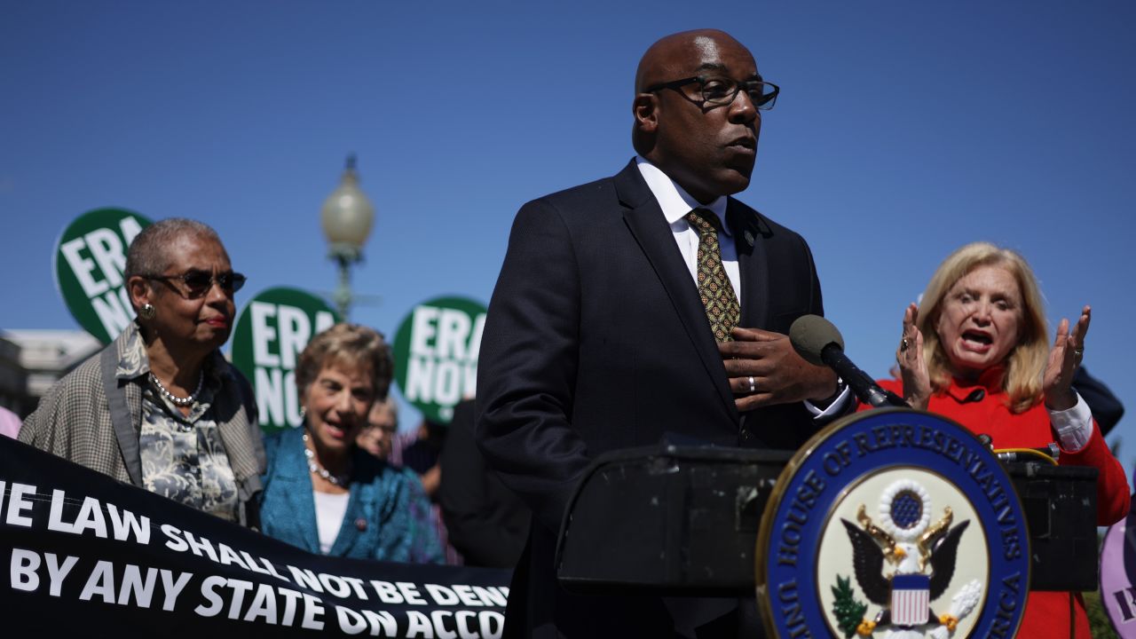 WASHINGTON, DC - SEPTEMBER 28: Attorney General of Illinois Kwame Raoul speaks as (L-R) U.S. Congresswoman Eleanor Holmes Norton (D-DC), Rep. Jan Schakowsky (D-IL) and Rep. Carolyn Maloney (D-NY) listen during a news conference near the U.S. Capitol September 28, 2022 in Washington, DC. House Democrats held a news conference to discuss their support for the passage of the Equal Rights Amendment as the 28th Amendment to the U.S. Constitution following oral arguments in the D.C. Circuit Court of Appeals over an ERA-related lawsuit. (Photo by Alex Wong/Getty Images)