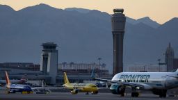 LAS VEGAS, NEVADA - OCTOBER 14: A Frontier Airlines plane prepare to take off from Harry Reid International Airport as  Southwest Airlines and Spirit Airlines planes taxi on October 14, 2022 in Las Vegas, Nevada. Holiday airfare prices are expected to be the most expensive in the last 5 years with Thanksgiving ticket prices up 25 percent from last year with the average round trip ticket price of $281. Christmas travel costs are up 55 percent from last year with round trip ticket prices averaging $435. (Photo by Justin Sullivan/Getty Images)
