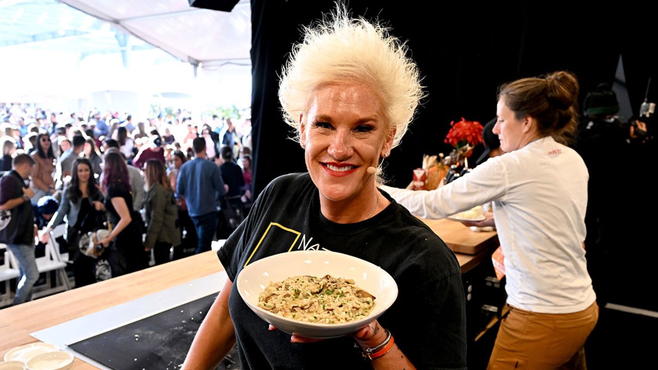 NEW YORK, NEW YORK - OCTOBER 15: Anne Burrell makes a culinary presentation during the Food Network New York City Wine & Food Festival presented by Capital One - Grand Tasting featuring Culinary Demonstrations presented by Liebherr Appliances on October 15, 2022 in New York City. (Photo by Dave Kotinsky/Getty Images for NYCWFF)