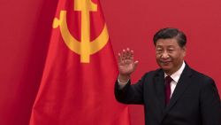 BEIJING, CHINA - OCTOBER 23: General Secretary and Chinese President, Xi Jinping waves as he leaves after speaking at a press event with  of the new Standing Committee of the Political Bureau of the Communist Party of China and  Chinese and Foreign journalists at The Great Hall of People on October 23, 2022 in Beijing, China. (Photo by Kevin Frayer/Getty Images)