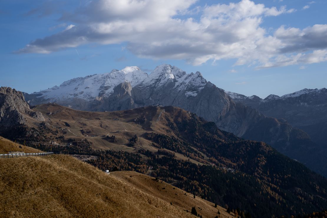 VAL GARDENA, ITALY - OCTOBER 29: A view of the Marmolada Glacier from the Passo Sella on October 29, 2022 in Val Gardena, Italy. (Photo by Emmanuele Ciancaglini/Ciancaphoto Studio/Getty Images)